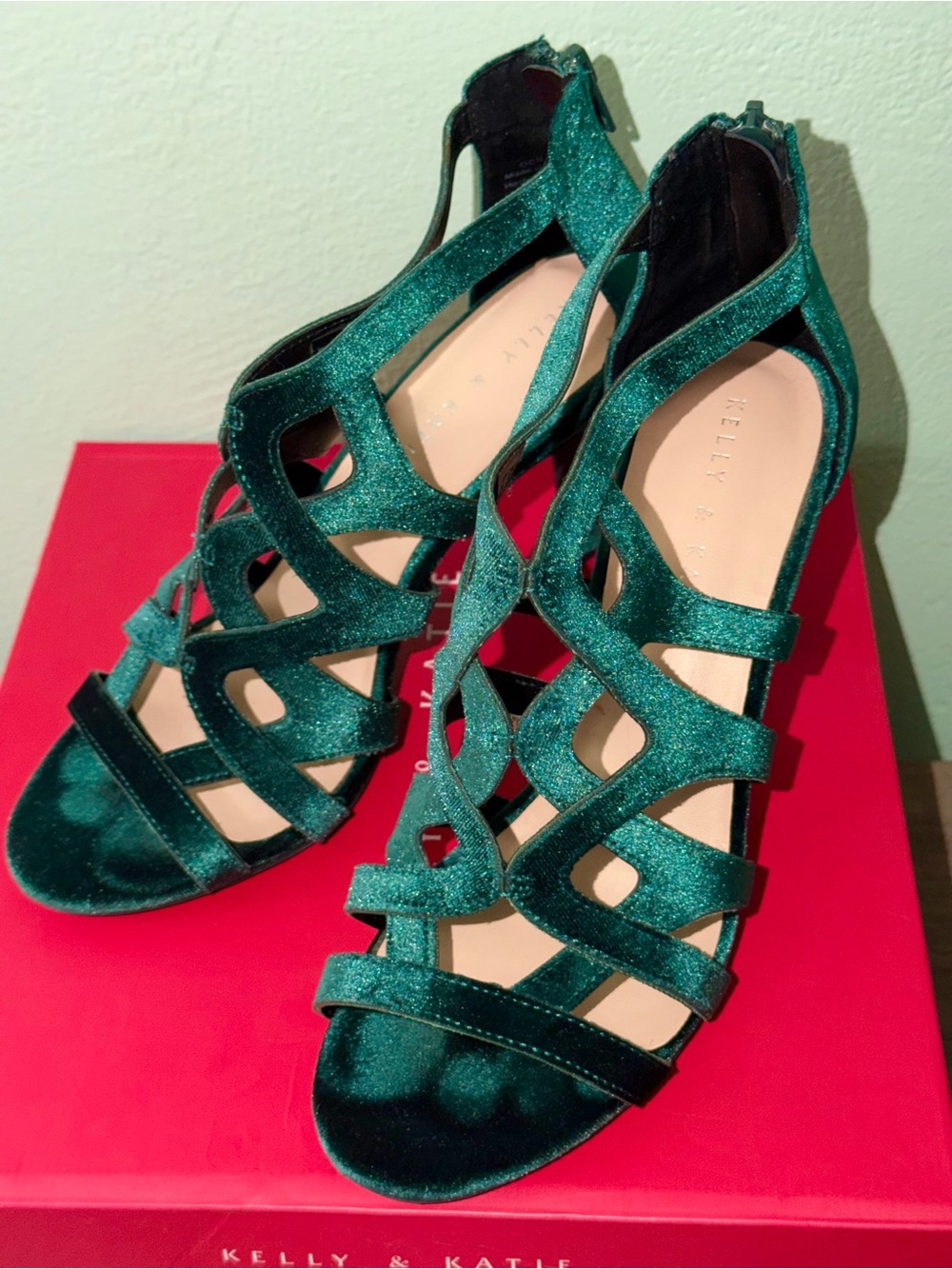 Kelly & Katie Emerald Green Velvet Strappy Cutout Heels - Picture 2 of 6